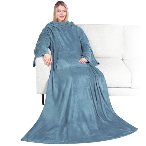 PAVILIA Blanket with Sleeves for Adult Women Men, Soft Warm Wearable Blanket Fleece Wrap Throw, Robe Blanket Gift - color: Dusty Blue