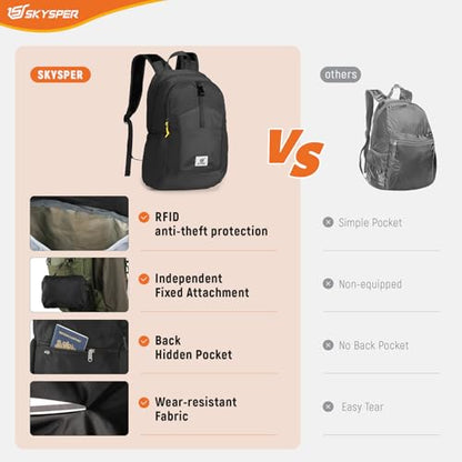 SKYSPER Small Packable Hiking Backpack 20L Anti-theift Travel Daypack - color: Black