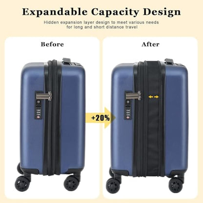 CENSIEN Expandable 16 Inch Underseat Carry On Luggage Airline Approved - color: Navy Blue, size: 16 Inch Underseat EXT