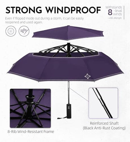 Windproof Travel Umbrella, Compact auto open/close Umbrellas for Rain - color: Purple
