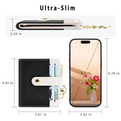 Airkit Small Wallet Women RFID, PU Leather Card Holder with Keychain - color: Black & White