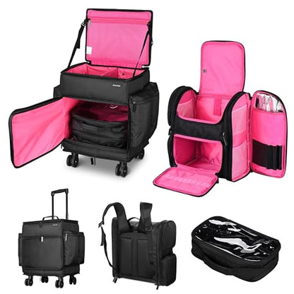 BYOOTIQUE Soft Sided Rolling Makeup Train Case Travel Bag Backpack Artist - color: Deep Pink, size: Xlarge