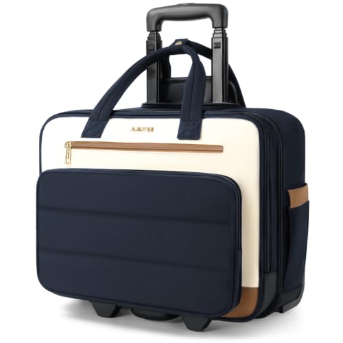 Puffer Women's Rolling Laptop Briefcase Bag with Wheels for Work & Travel - color: Ribbed Navy Blue