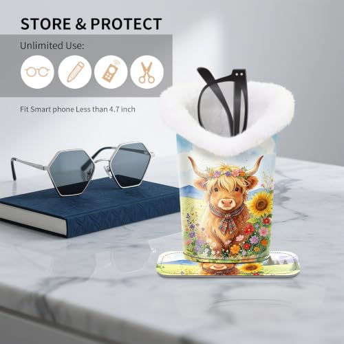 Plush Lined Eyeglasses Holder, Cute Glasses Stand for Women Kids - color: Multicolor Highland Cattle