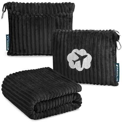 PAVILIA Travel Blanket Pillow, Soft Ribbed Fleece Airplane Blanket, Black | 65x40, Compact Packable Plane Throw with Bag, Luggage Strap and Back Pocket, Cozy Flight Essentials Travelers Camping Gift - color: Black