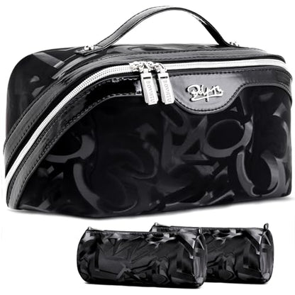 BOYATU Makeup Bag, Makeup Organizer, Toiletry Travel Bag for Women - Black | 3 Pcs Vegan Leather Cosmetic Bag with Compartments - Waterproof Large Capacity Toiletry Bag - 180° Open-Flat Makeup Organizer - color: D-2-Black