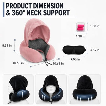 Travel Neck pillow for Airplane, with Large Hood Eye Mask Earplug and Bag - color: Pink