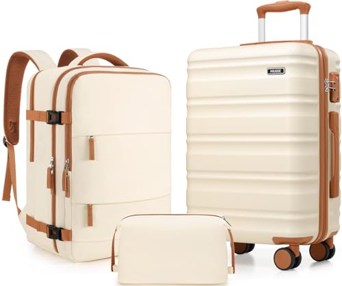 Carry On Luggage 22x14x9 Airline Approved, 3 Piece Set with Backpack - color: Off White, size: 3 piece set (20inch)