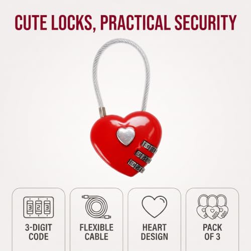 3Pcs Red Mini Love Heart Lock, Heart Padlock, Mini Code Lock,Padlocks and Hasps,Bags/Suitcase/Lockers/Backpacks/Jewelry Boxes Wire Rope 3-Digit Code Combination Padlock for Travel