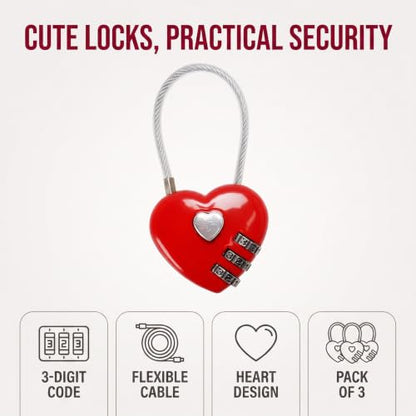 3Pcs Red Mini Love Heart Lock, Heart Padlock, Mini Code Lock,Padlocks and Hasps,Bags/Suitcase/Lockers/Backpacks/Jewelry Boxes Wire Rope 3-Digit Code Combination Padlock for Travel