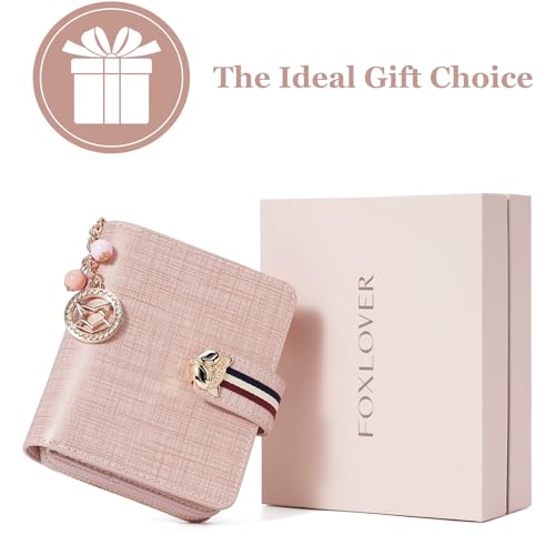 FOXLOVER Genuine Leather Zip Small Wallet Women RFID Blocking Credit Card Bifold Wallet Business Card Holder with ID Window(Pink) - color: 02-Pink