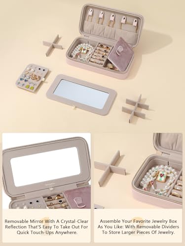 Soft-Touch Leather Travel Jewelry Case with Mirror, Jewelry Box - color: Blush Pink