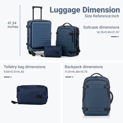 Rosamo 3 Piece Carry On Luggage Set, 20 Inch Front Opening Hardside Suitcase, Spinner Wheels, TSA Lock - color: DarkBlue