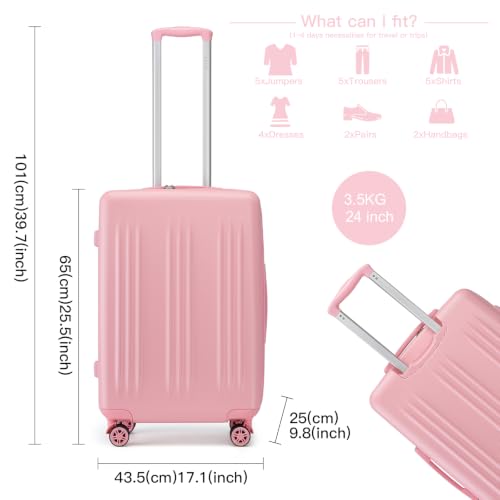 Kono 24 Inch Expandable Checked Luggage with Spinner Wheels TSA Lock Pink - color: Pink, size: 24"