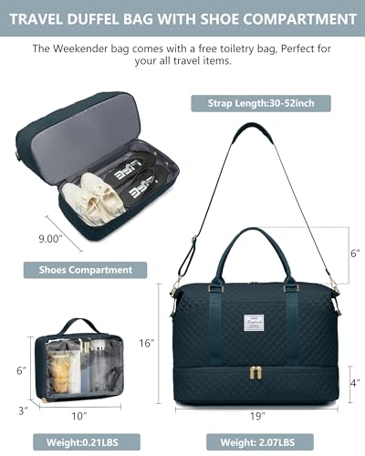 Travel Weekender Duffle Bag for Women: Overnight Bags with Shoe Compartment - color: 7-Peacock Blue, size: Large