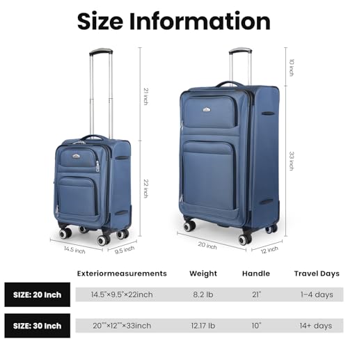 Softside Suitcase Sets 2 Piece(20/30in) w/Front Open Pocket - color: Blue, size: 2-Piece Set (20"/30'')