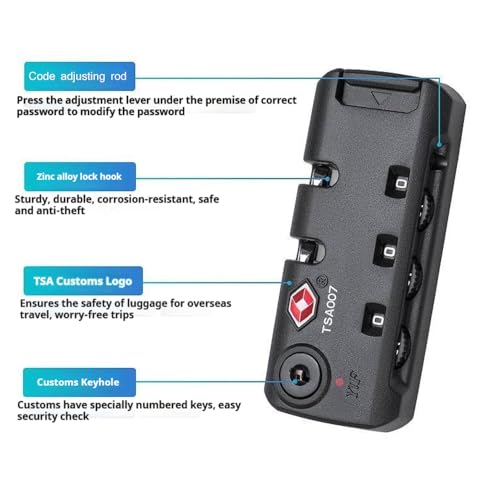 Travel Zipper TSA 007 Approved Luggage Code Lock, Backpack Anti Theft 3 Digit Combination Lock