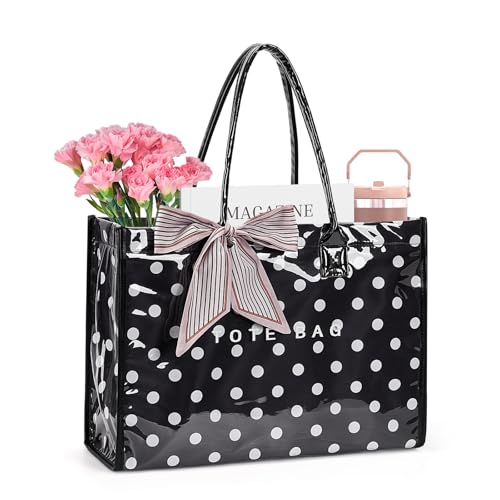 Lushandy PVC Tote Bag Women's Waterproof Jelly Beach Bag Work Hobo Handbag - color: Polka Bot-black