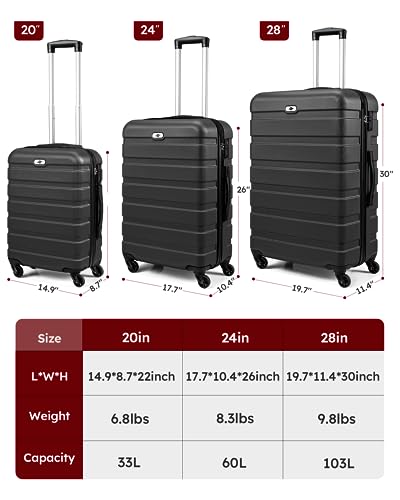 Suitour Luggage Sets 3 piece, Hardside Lightweight Suitcase sets with Spinner Wheels,TSA Lock,20/24/28 inches Travel Luggage Black - color: Black, size: 3-Piece Set (20/24/28)