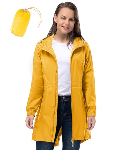 33,000ft Women's Waterproof Long Rain Coats Packable Rain Jacket with Hood - color: Amber Gold, size: X-Large