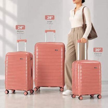 3 Pcs 20"/24"/28" Luggage Sets Suitcase with Wheels Large Checked Travel Suitcases，3 Piece Hard Shell Lightweight Luggage with TSA Lock, - color: 3 PCS & Rose Pink