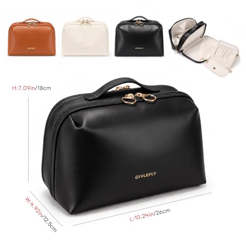 GIVLEFLY Travel Makeup Bag for Women, Organizer with Detachable Brush Case - color: Black