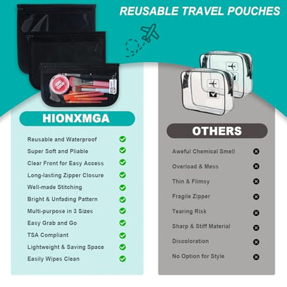 HIONXMGA Set of 3 Clear Travel Toiletry Bag, TSA Approved, Quart Size S/M/L - color: Black, Mixed Sizes