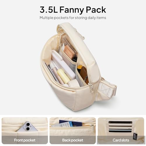 TOPEAST Waist Pack 3.5L Fanny Packs with Water Bottle Holder, Large Capacity Travel Belt Purse Anti-Theft RFID Blocking, Beige Fluffy Crossbody Sling Bag for Hiking Walking - color: Beige