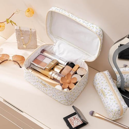 HBselect Quilted Makeup Bag, 3Pcs Cotton Large Travel Makeup Bags Organizer - color: A-3PCS-Yellowflower