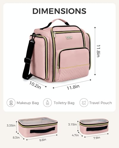 BAFAMYE Large Travel Makeup Bag - Cosmetic Organizer with 4 Removable Inner Pockets, Multi-functional Toiletry Bag for Accessories & Brushes, Women's Beauty Case, Pink - color: Pink
