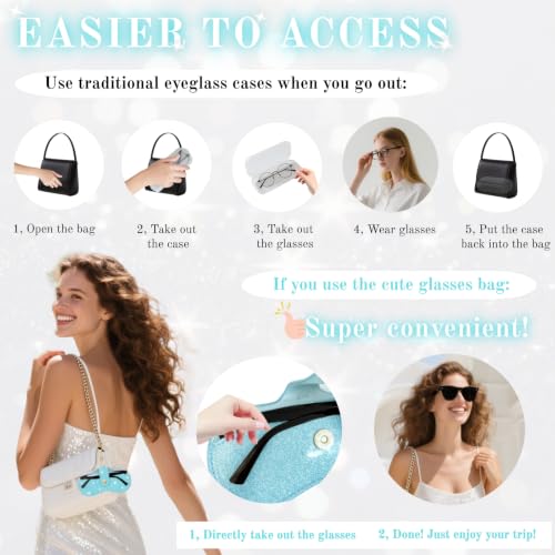 Glitter Glasses Case with Lanyard Soft Leather Sunglasses Bag with Hook - color: Blue