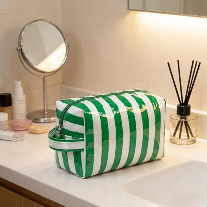 PVC Striped Clear Coated Waterproof Makeup Bag(09Green White) - color: 09Green White
