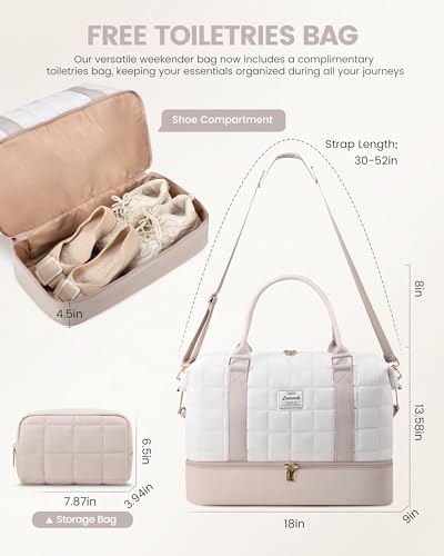 LOVEVOOK Weekender Bags for Women with Shoe Compartment, Carry On Overnight Bag with Toiletry Bag, Personal item travel bag with Wet Pocket, 2Pcs Set - color: White/Nude, size: Large