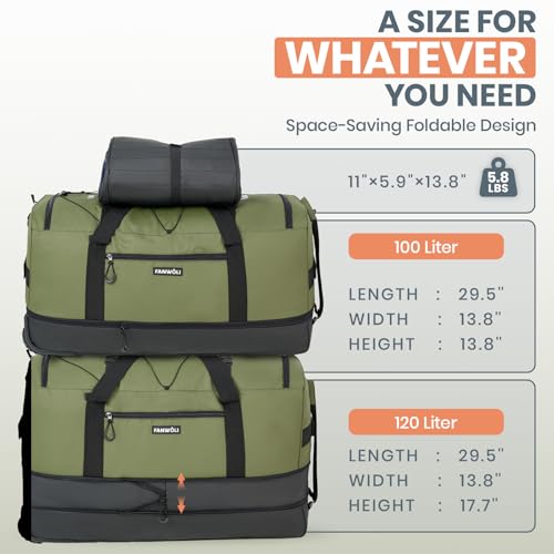 Fanwoli 120L Rolling Duffle Bag with Wheels, Foldable Travel Duffel - color: Green