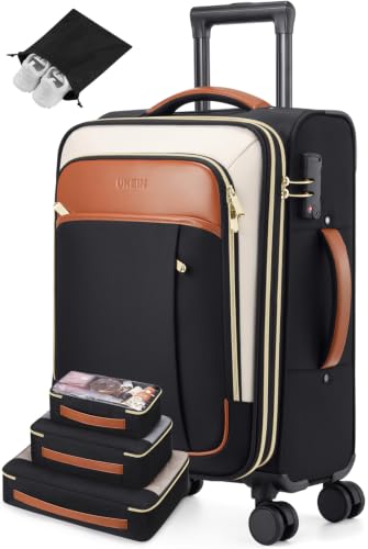 Softside Expandable Carry On Luggage, 20in Carry on Suitcase with Wheels - color: Black/White/Brown