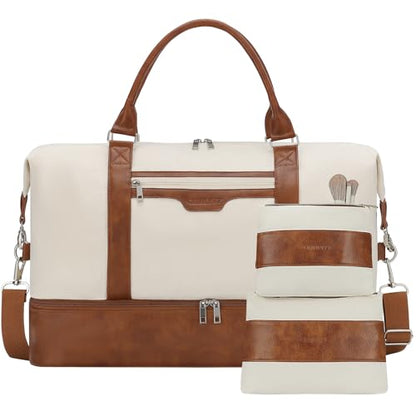 Oeihuivt Weekender Bags for Women - 21 Inch Large Travel Duffel Bag 3-Piece Set with Shoe Compartment, Heavy-Duty Canvas & Leather Carry On Overnight Tote (Airplane Approved) - color: Brown-Beige-A