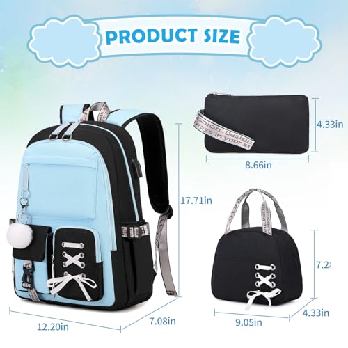 ACESAK 3PCS Teen Girls Backpack with Lunch Bag Set&USB Charging Port,Blue - color: Black & Blue