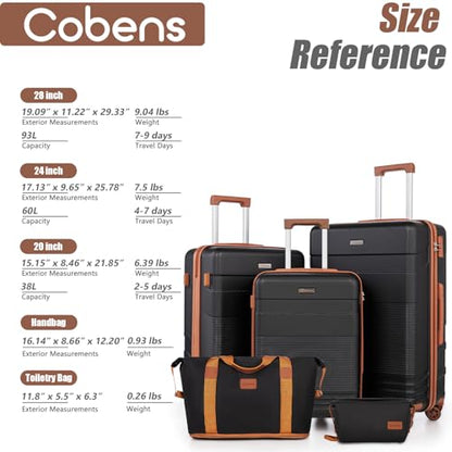 Cobens 스피너 휠이 있는 수하물 세트 5피스, 경량 하드쉘 슈트케이스 세트, 남성 및 여성용 잠금 장치가 있는 휴대용 수하물 여행 세트, 내구성 있는 ABS 하드 케이스 포함, 블랙., 패션 - color: 블랙.