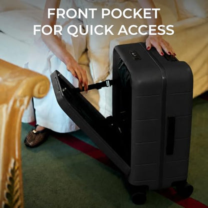 MiaMily Ride-On Carry-On Luggage with Built-In Seat for Adults & Kids, Front Opening Hard Shell Suitcase, TSA Lock, 360° Spinner Wheels, Waterproof Pockets, Lightweight 43L Carry-On, Midnight Black - color: Midnight Black
