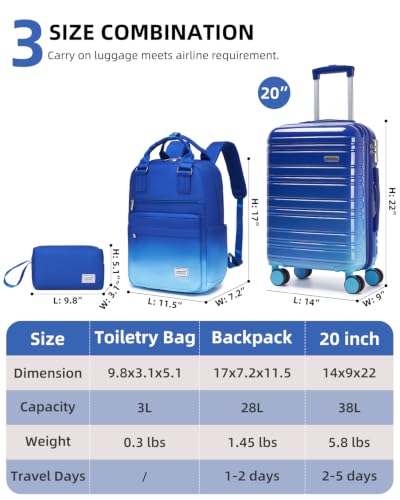 LARVENDER Carry on Luggage Sets 3 Piece, 20 Inch Suitcases, Navy Glow - color: Navy Glow 20BP, size: 3 Piece Set (Backpack/TB/20)