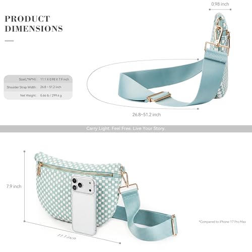 Woven Crossbody Bag for Women, Checkered PU Bum Bag Sling Purse with Adjustable Strap for Travel, Festivals - color: Aqua Blue & White