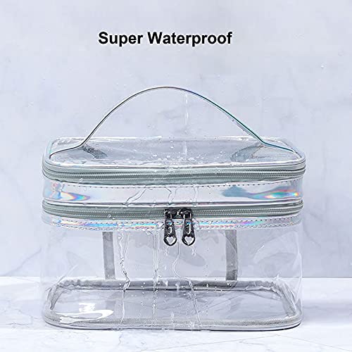 Clear Cosmetic Bag Dual Layer Travel Toiletry Bags Make up Organizer Waterproof Brushes Holder - color: Silver