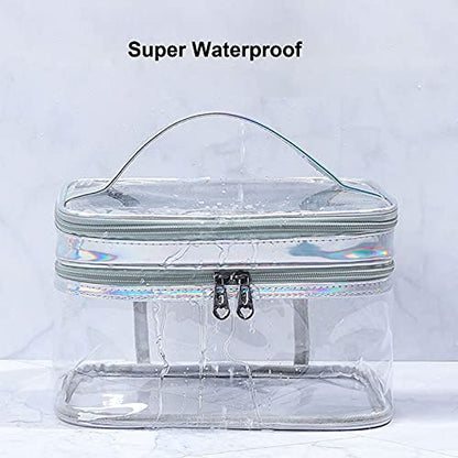 Clear Cosmetic Bag Dual Layer Travel Toiletry Bags Make up Organizer Waterproof Brushes Holder - color: Silver