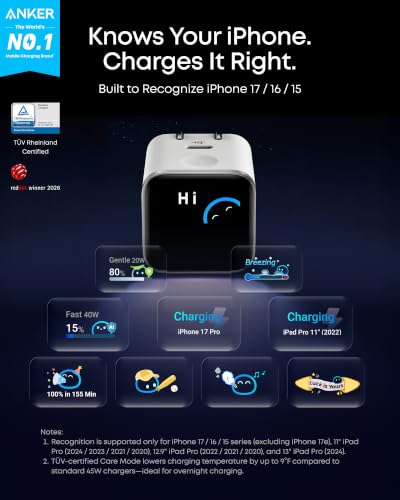 Anker Nano Smart Display Charger, 45W Max Fast Charger USB C for iPhone 17 | 180° Foldable Plug,Smart Recognition, Care Mode GaN USB C Charger Block for iPhone 17/16 (Non-Battery,1 USB-C Port,No Cable) - color: Blue