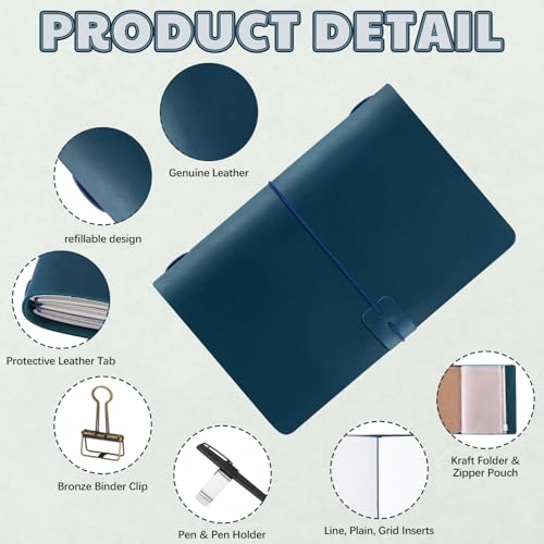 Traveling Refillable Leather Journal Notebook, Blue, A5 Size - color: Blue, size: A5 Size