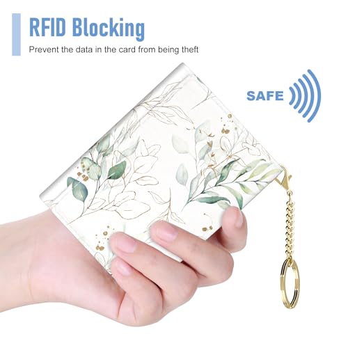 Rouidr Womens Wallet, Small Slim RFID Card Wallets for Women, Cute Front Pocket Trifold Leather Card Organizer with 7 Slots & ID Window, Eucalyptus Leaf - color: Eucalyptus Leaf