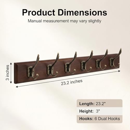 Wall Mounted Coat Rack with Solid Wood, 6 Bronze Metal Hooks – 23.22 Inch Rustic Brown Entryway Organizer for Hanging Coats, Hats, Jackets, Scarves, Bags, for Hallway, Bedroom, Bathroom（6Hooks） - size: Medium