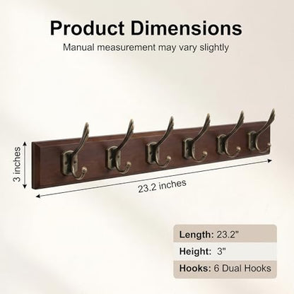 Wall Mounted Coat Rack with Solid Wood, 6 Bronze Metal Hooks – 23.22 Inch Rustic Brown Entryway Organizer for Hanging Coats, Hats, Jackets, Scarves, Bags, for Hallway, Bedroom, Bathroom（6Hooks） - size: Medium