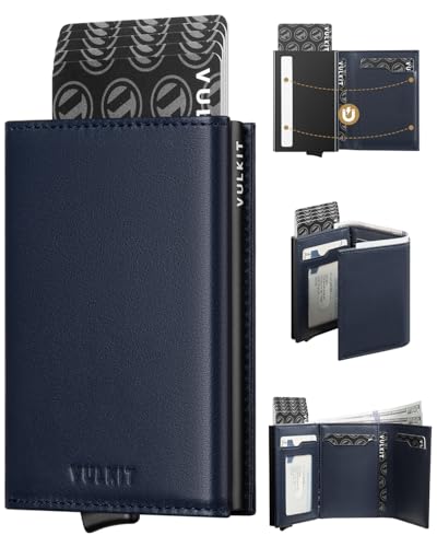 VULKIT Pop up Card Wallet Minimalist Cash Wallets RFID Blocking Leather Smart Credit Card Holder with ID window for Men - color: Top-Grain Cowhide Blue