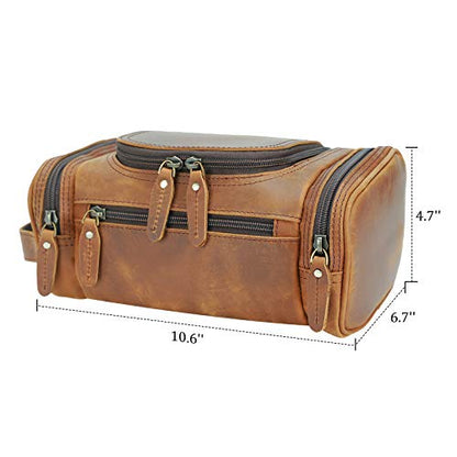 Polare Toiletry Bag Full Grain Leather Shaving Kit Dopp Kit Travel Case Wash Bag with YKK Zippers - color: B-Brown